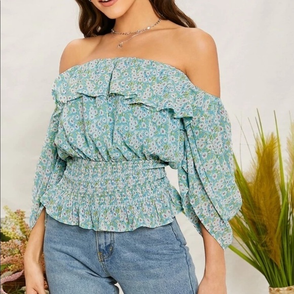 Blue Floral Print Off the Shoulders Boho Draped Sleeve Blouse Top Size Small S - Picture 2 of 9